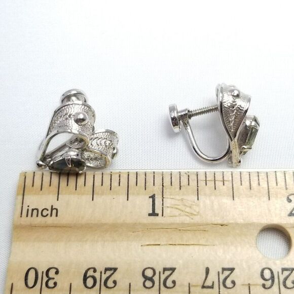 Vintage Sterling Silver Heart Shape Rhinestone Clip On Screw Back Earrings - Picture 5 of 7